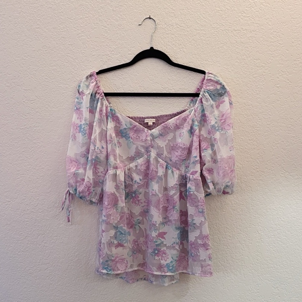 Skies Are Blue Purple Puff Sleeve Blouse with Smocked Tie Front